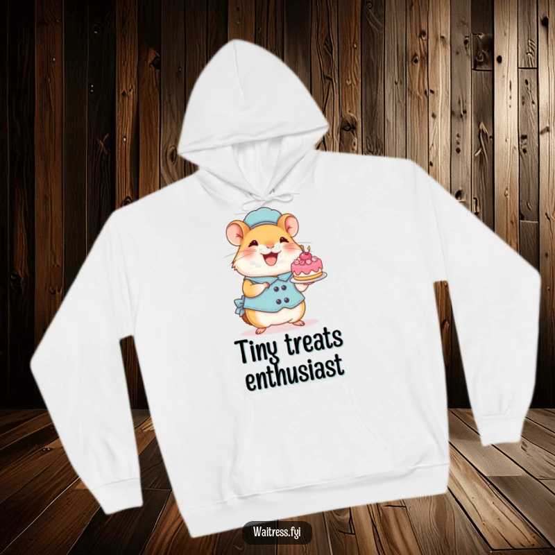 Funny Hamster Waitress Hoodie: A perky hamster gleefully presents a tiny cake, offering cozy comfort and cheerful humor.