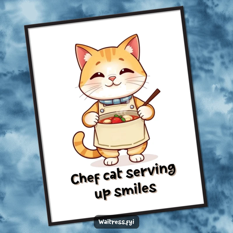 Funny Free Printable Wall Art: Proud cat wearing an apron presenting a steaming bowl, perfect for downloadable kitchen art.