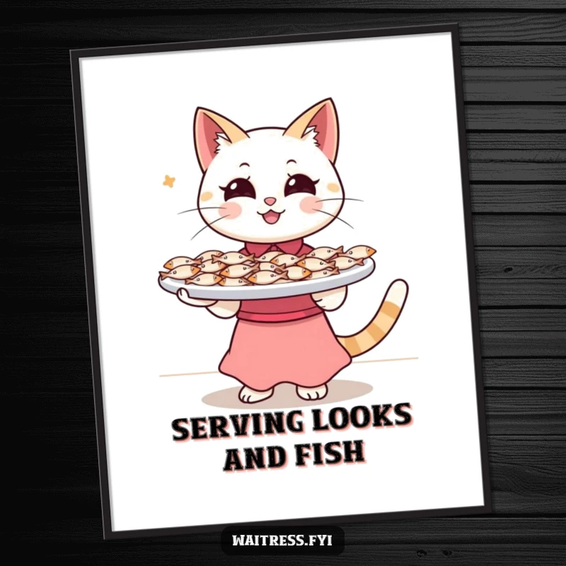 Funny Free Printable Wall Art: Happy cat waitress balances a tray overflowing with tiny fish, serving smiles.