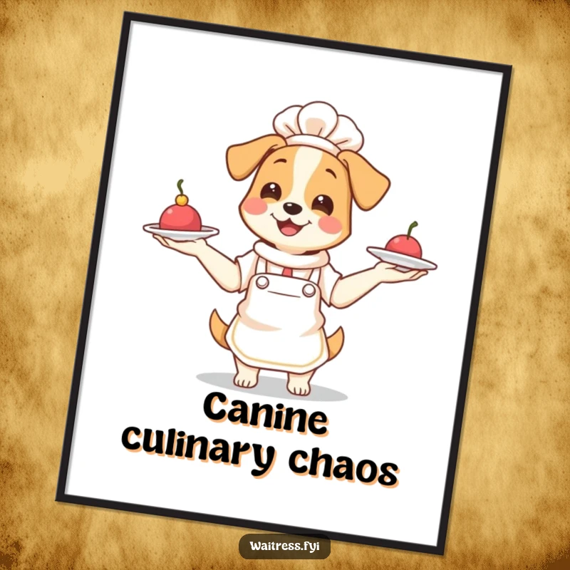 Funny Free Printable Wall Art: A dog waitress with an apron joyfully juggling three tiny plates, a whimsical decoration.