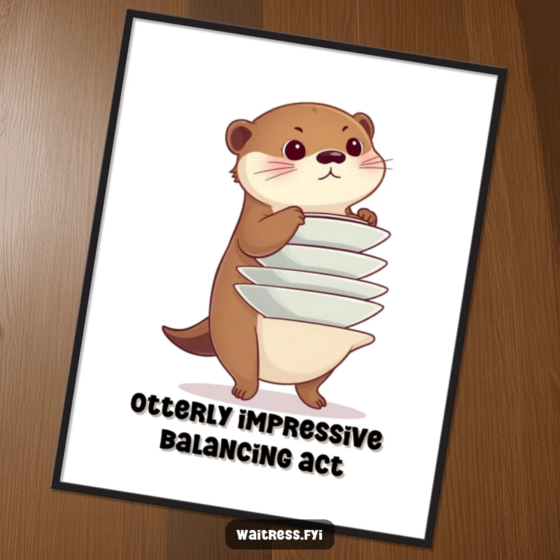 Funny Free Printable Wall Art: Diligent otter balances a tall stack of plates precariously with intense focus, a symbol of skill.