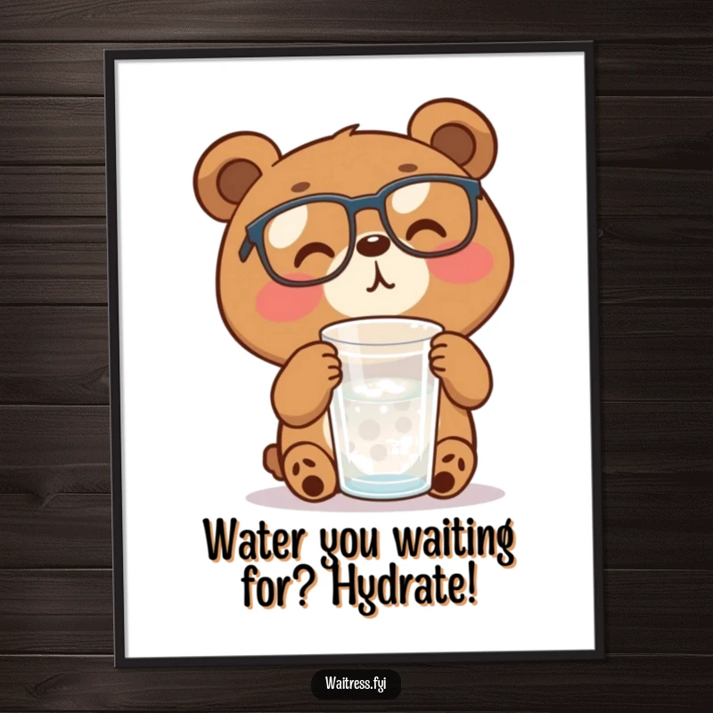 Funny free printable wall art: A cheerful brown bear wearing glasses efficiently refills a water glass, adding quirky charm.