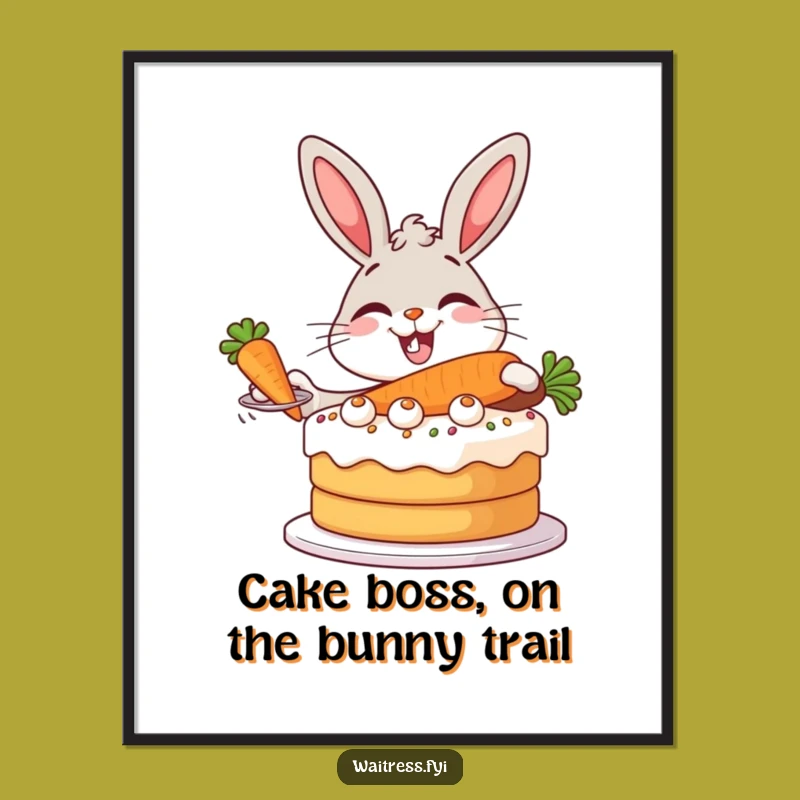 Free Printable Wall Art: Funny Bunny Serving Cake, Humorous Downloadable Art