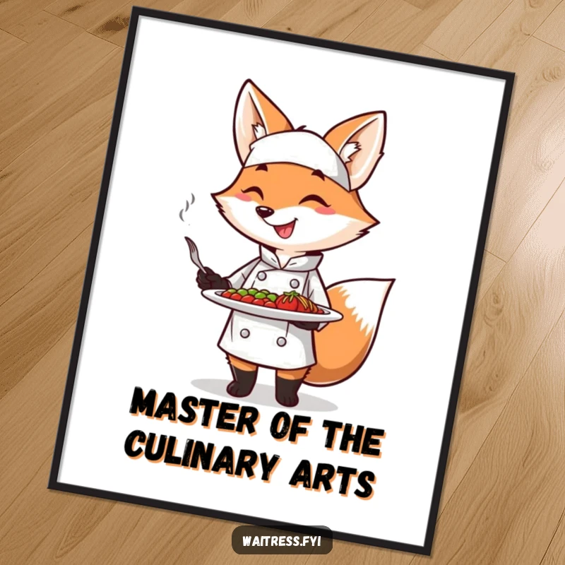 Funny Free Printable Wall Art: A smiling fox chef holds up a plate with a flourish, showcasing a culinary masterpiece.