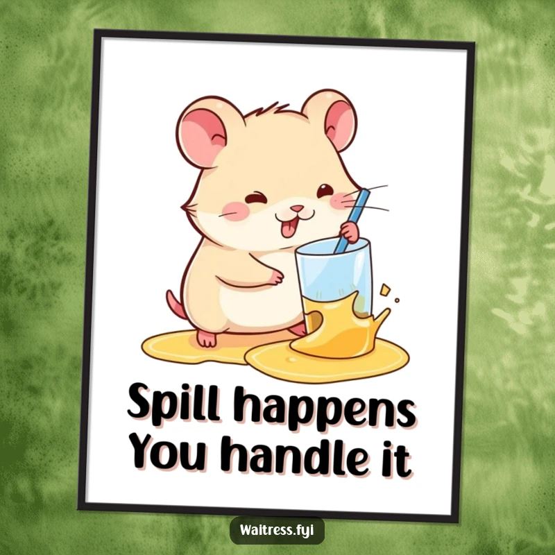 Funny Free Printable Wall Art: A kawaii hamster humorously wipes away a spilled drink with impressive speed and efficiency, adding charm to your decor.