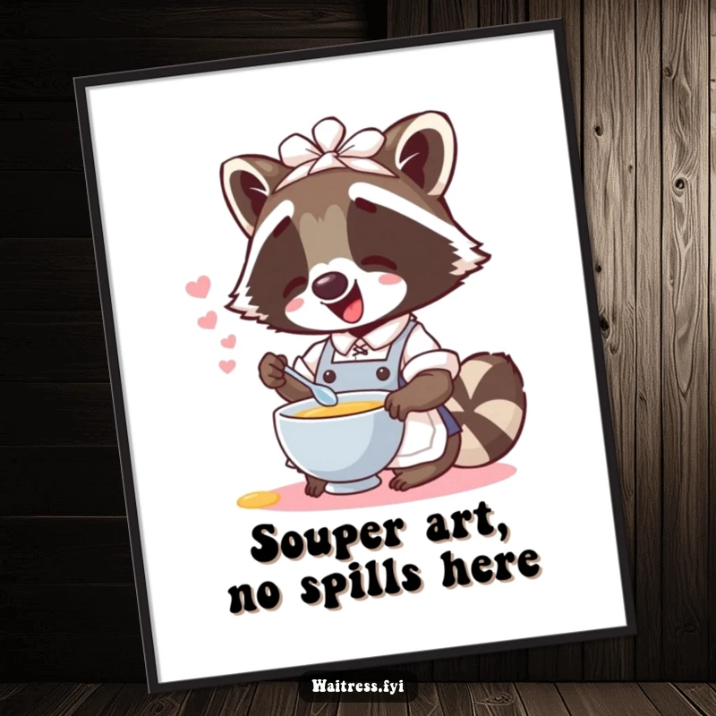Funny Free Printable Wall Art: A cute, giggling raccoon waitress spills pretend soup onto a table, creating a humorous scene.