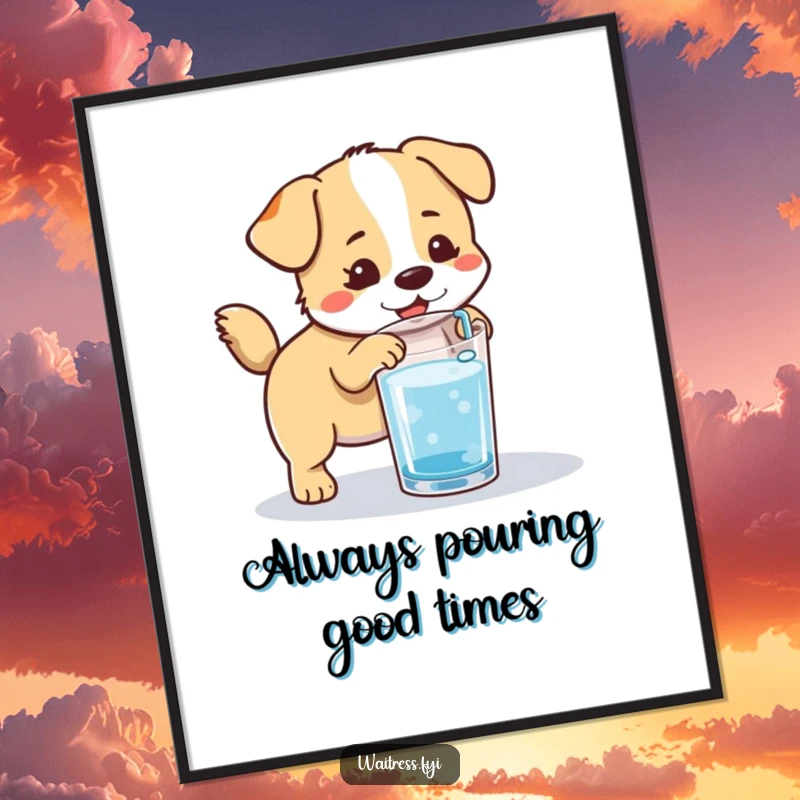 Funny Free Printable Wall Art: A happy kawaii dog enthusiastically refills a water glass, tail wagging.