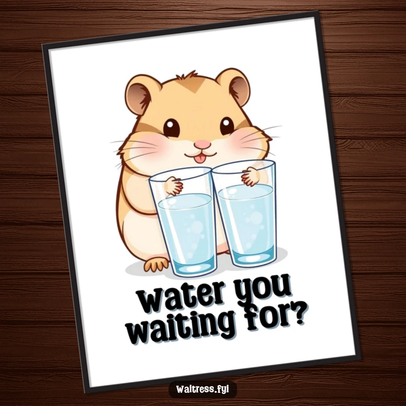 Funny Free Printable Wall Art: A content Kawaii hamster meticulously refills water glasses with a gentle touch.