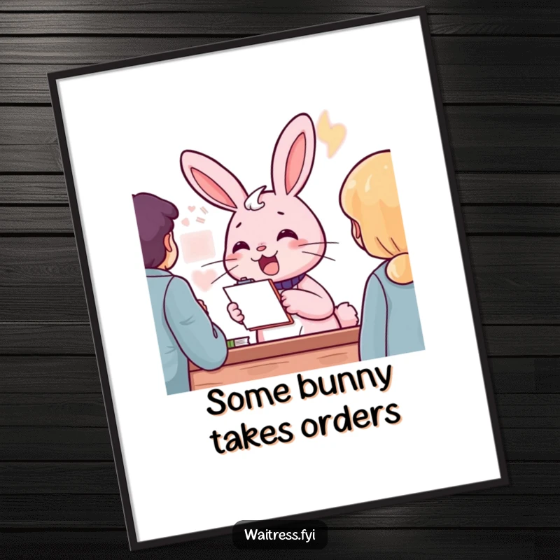 Funny free printable pink rabbit character with a notepad, cheerfully taking an order, digital wall art.