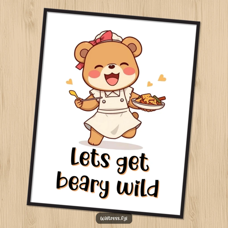 Funny Free Printable Wall Art: A happy bear waitress comically tripping while miraculously keeping a tray of food upright.