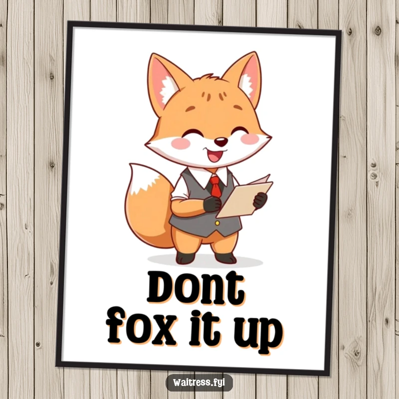 Funny Free Printable Wall Art: A cheerful fox waiter with a notepad, smiling while taking a customer's order.