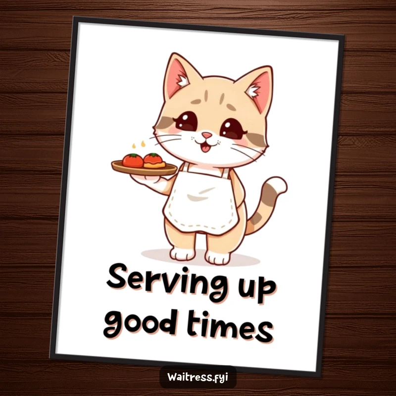 Funny Free Printable Wall Art: Adorable Kawaii cat in apron balancing a tray of food, a whimsical art piece.