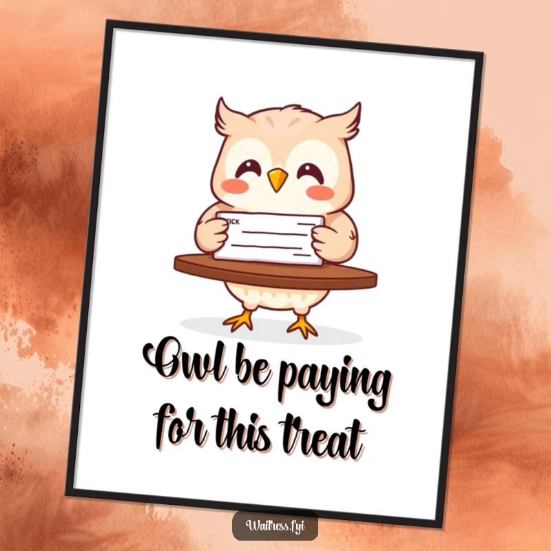 Funny Free Printable Wall Art: A joyful owl flying with a large check towards a table, depicting financial success and happy rewards.