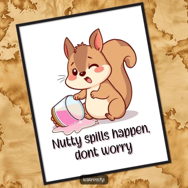 Funny Free Printable Wall Art: A playful squirrel looking startled with a drink spilled around it, creating a humorous, chaotic scene.