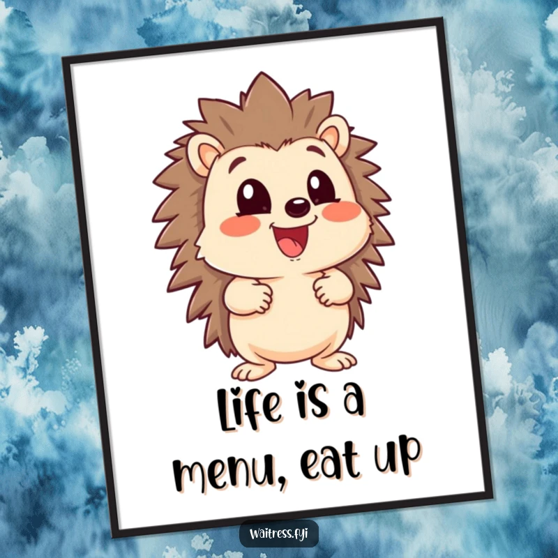 Funny Free Printable Wall Art: A happy hedgehog holds a comically large menu, displaying an eager anticipation for deliciousness.