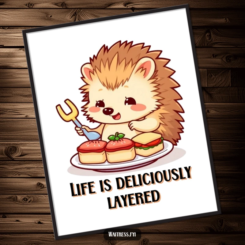 Funny Free Printable Wall Art: Charming hedgehog server carefully arranging miniature sandwiches on a plate.