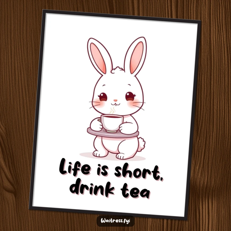 Funny Free Printable Wall Art: A cute bunny holds a tray with a steaming teacup, creating a whimsical and cozy atmosphere.