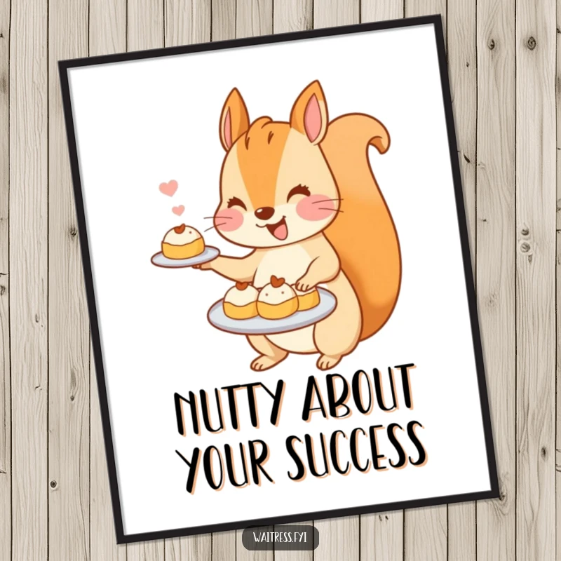 Funny Free Printable Wall Art: A kawaii squirrel joyfully serves a platter of miniature pastries, bringing sweet, humorous charm to your decor.