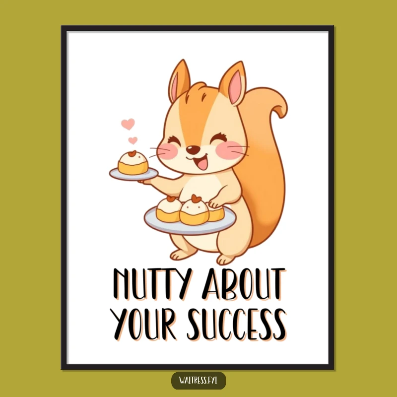Free Printable Wall Art: Funny Kawaii Squirrel Serving Pastries Art! Hilarious Downloadable Decor.