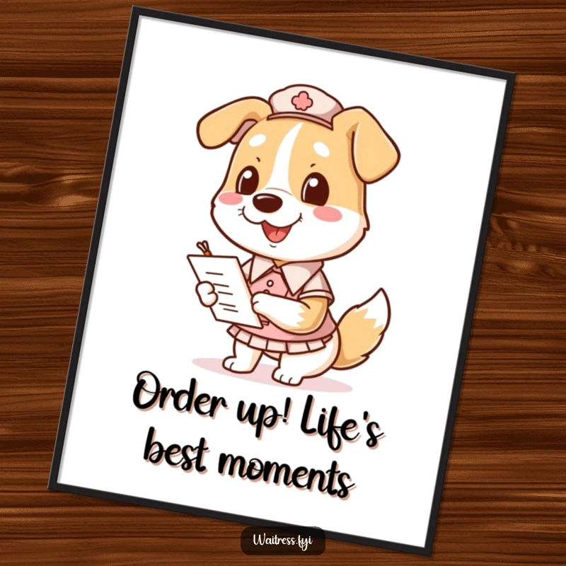 Funny Free Printable Wall Art: A cheerful dog in a waitress uniform attentively taking an order.