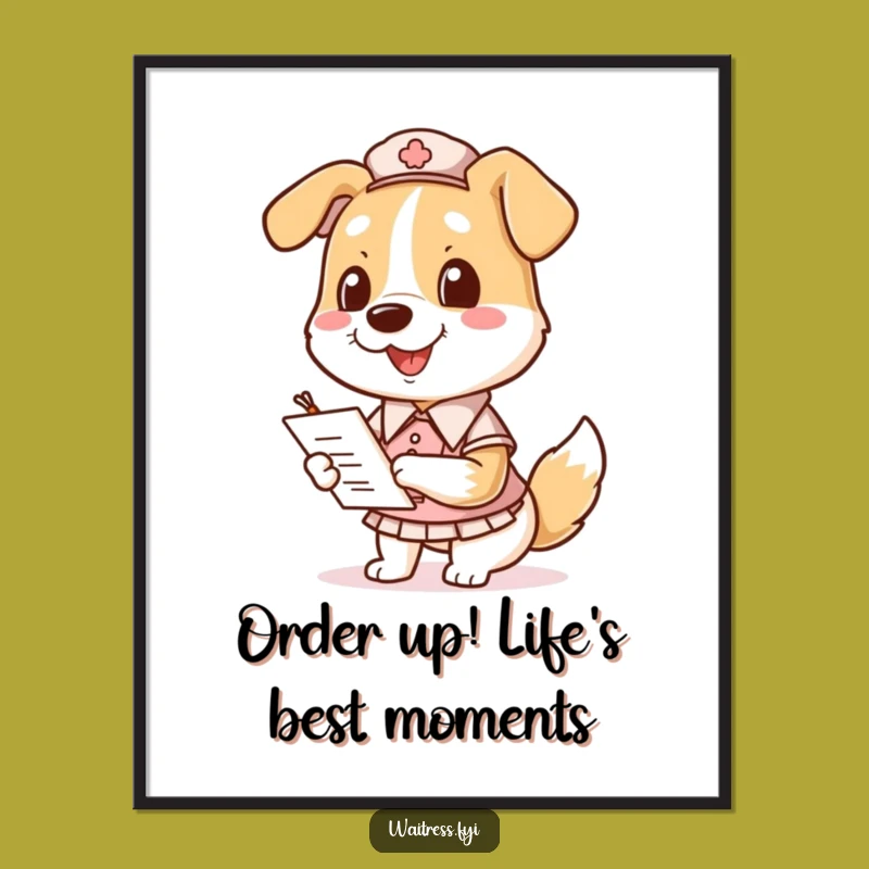 Free Printable Wall Art: Funny Dog Waitress Taking Orders, Humorous Downloadable Art