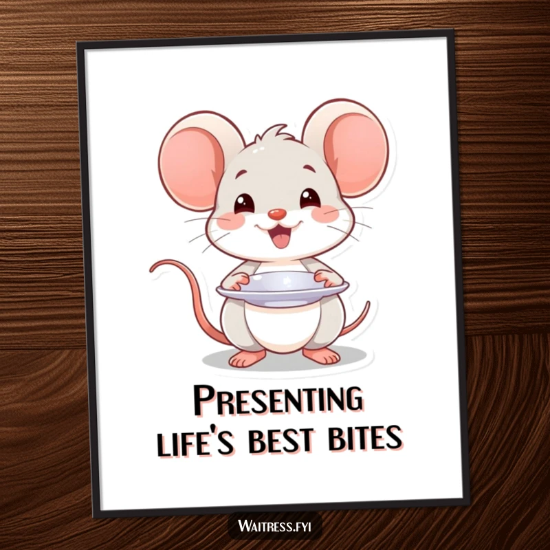 Funny Free Printable Wall Art: Smiling Kawaii mouse presenting a plate with a flourish, a charming artistic display.