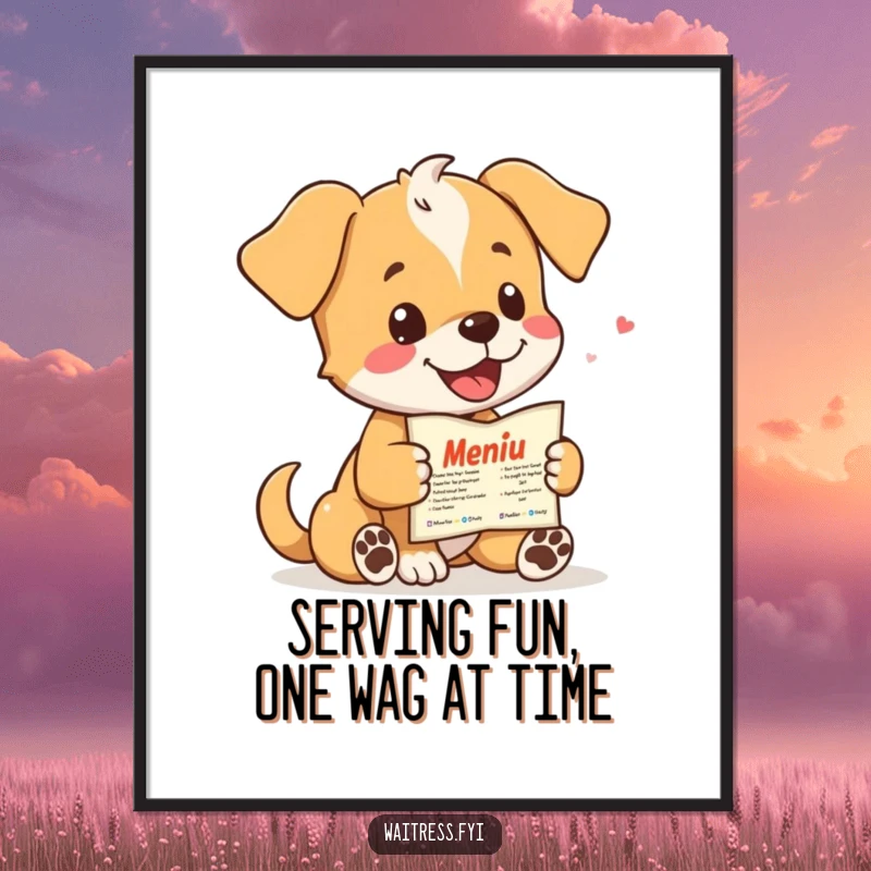 Funny Free Printable Wall Art: A playful puppy with a wagging tail serving a menu, bringing smiles.