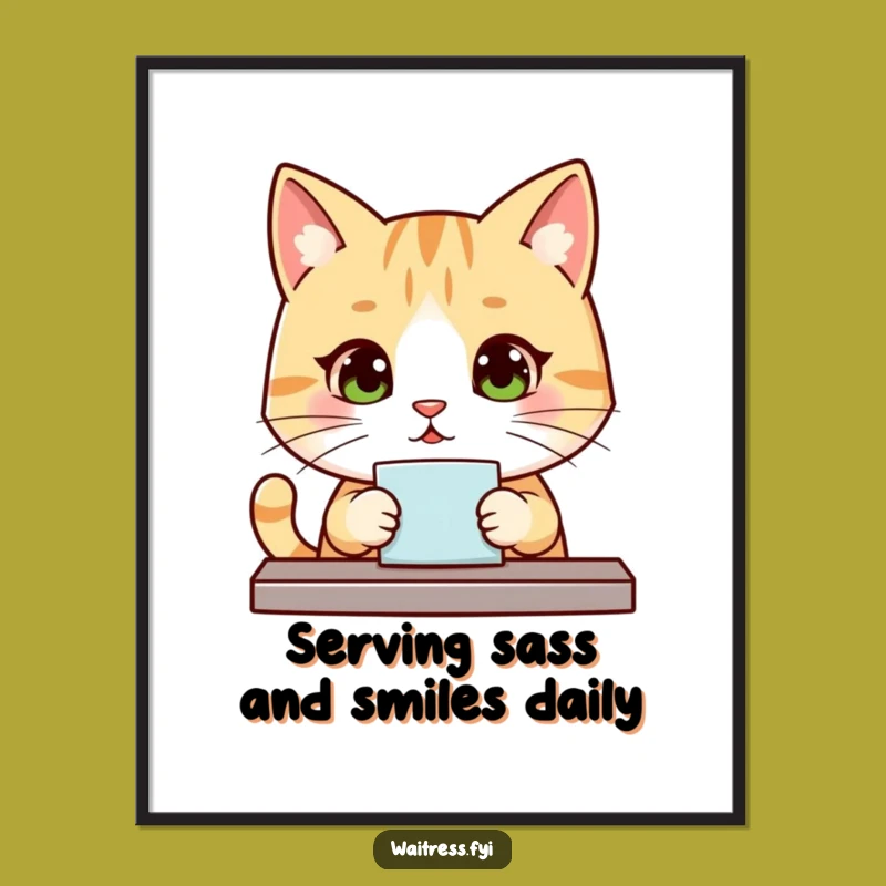 Free Printable Wall Art: Kawaii Cat's Attentive Service, Cute Cafe Decor!
