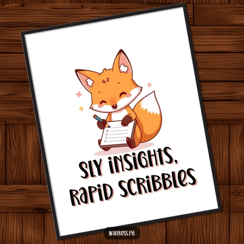 Funny Free Printable Wall Art: A playful fox scribbles orders on a notepad with a quick, happy movement.