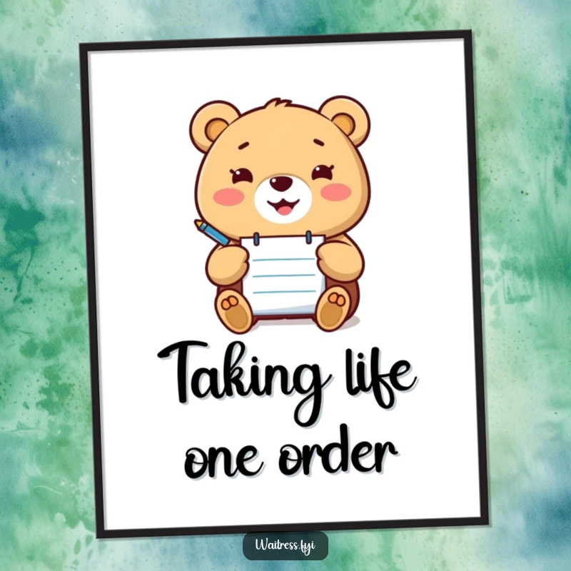 Funny Free Printable Wall Art: Happy Kawaii bear holding notepad and pen, capturing life's little joys.