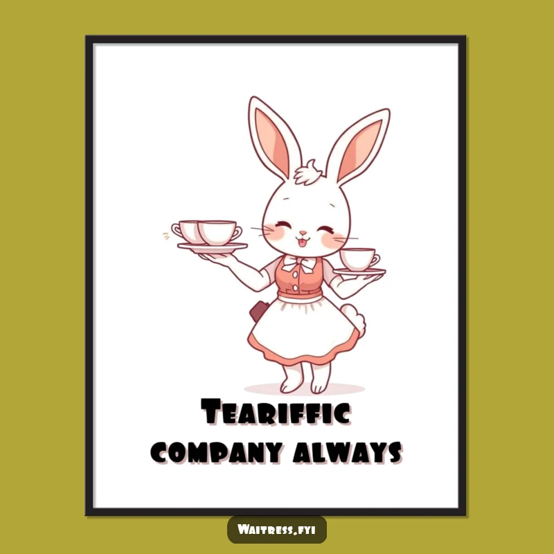 Funny Free Printable Wall Art: Bunny Waitress Serving Tea, Whimsical Downloadable Decor
