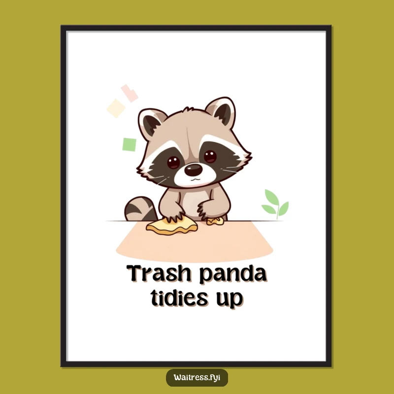 Free Printable Wall Art: Kawaii Raccoon Cleaning Scene, Funny Downloadable Decor