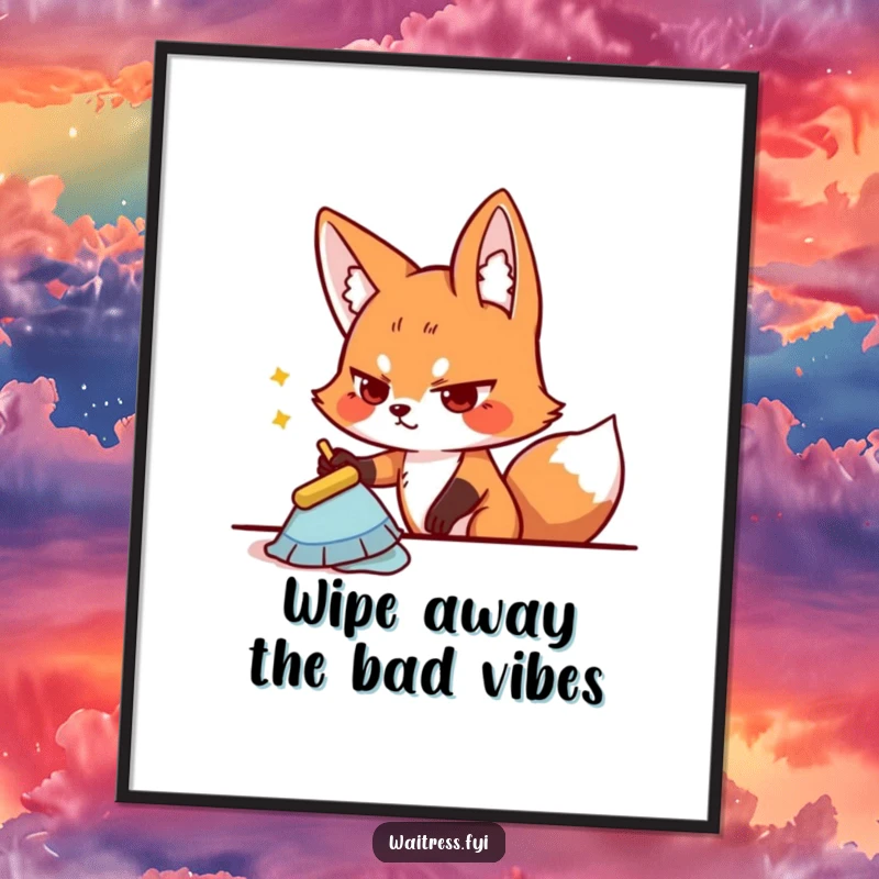 Funny Free Printable Wall Art: A playful fox wipes a table with a very determined expression, embodying focus and resolve.