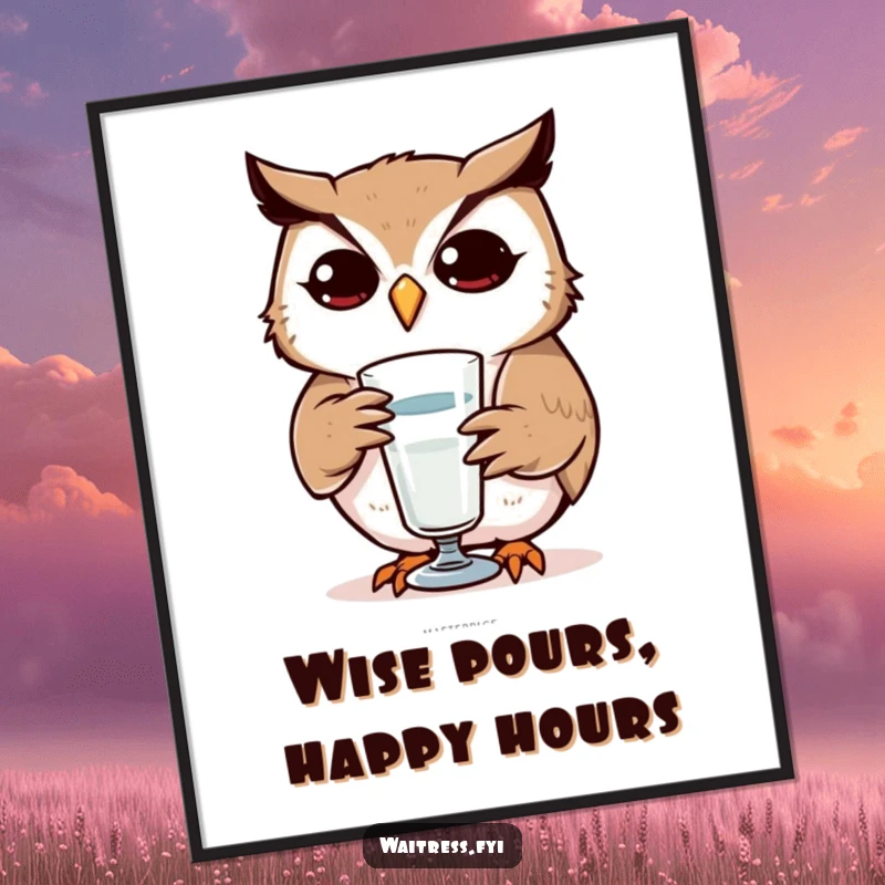 Funny Free Printable Wall Art: Determined owl attentively refilling a glass, focused yet humorous, downloadable decor.