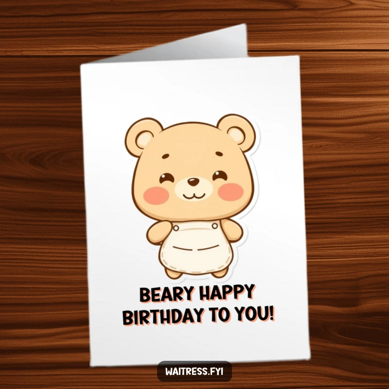 Funny Free Printable Birthday Card: Happy bear in apron, baking birthday wishes, a sweet downloadable gift.