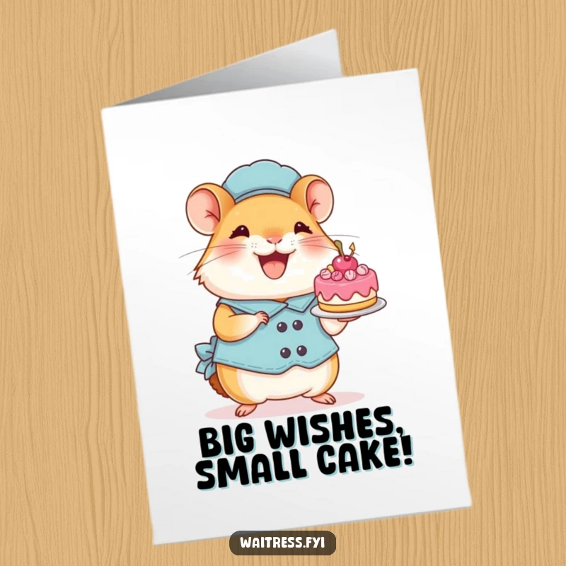 Funny Free Printable Birthday Card: Perky hamster waitress gleefully presenting a tiny, beautifully decorated birthday cake.