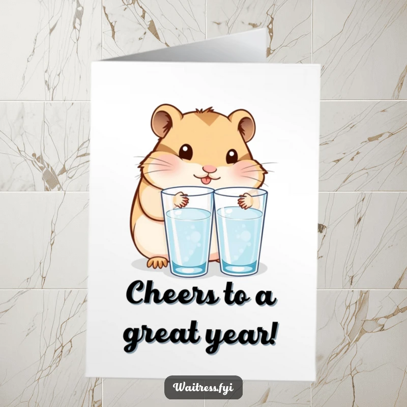 Funny Free Printable Birthday Card: Content Kawaii hamster carefully refills water glasses, wishing a happy birthday.