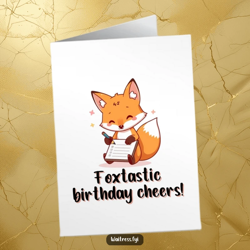 Funny Free Printable Birthday Card: A playful fox happily scribbles orders on a notepad with quick movements.