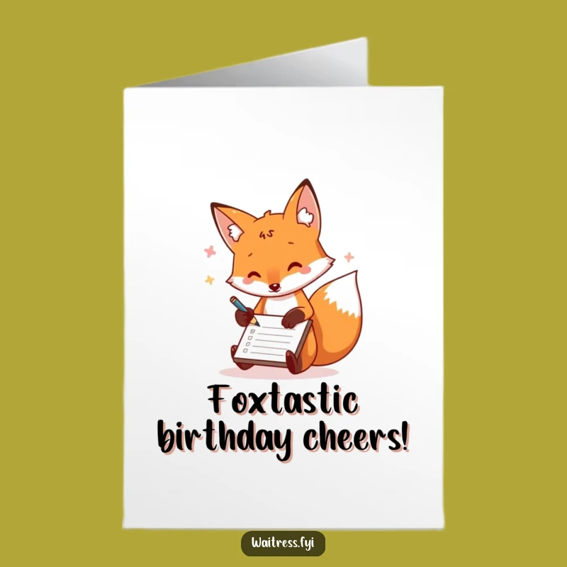 Free Printable Birthday Card: Playful Fox Taking Notes, Fun Downloadable Gift