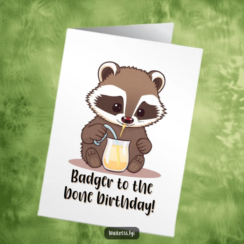Funny Free Printable Birthday Card: Brave badger carefully pouring a drink from a tiny pitcher, celebrating a downloadable gift.