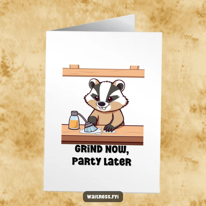 Funny Free Printable Birthday Card: Determined badger meticulously wiping table with a proud, determined grin, ready for party.