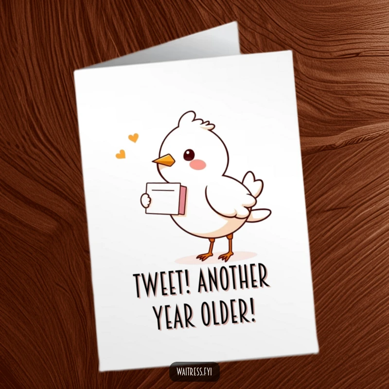 Funny Free Printable Birthday card showing a kawaii bird cheerfully delivering a note, chirping happy birthday wishes with a friendly smile.