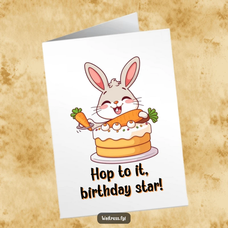 Funny Free Printable Birthday Card: A giggling bunny proudly serves a giant carrot cake.