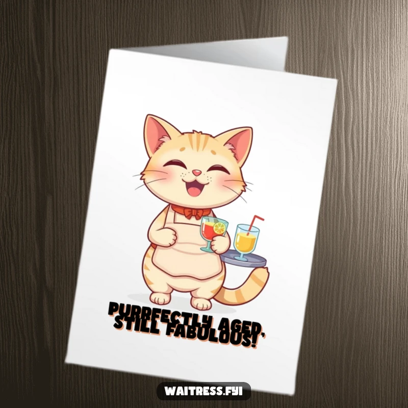 Funny Free Printable Birthday Card: Adorable cat in apron balancing drink tray, ready to party.