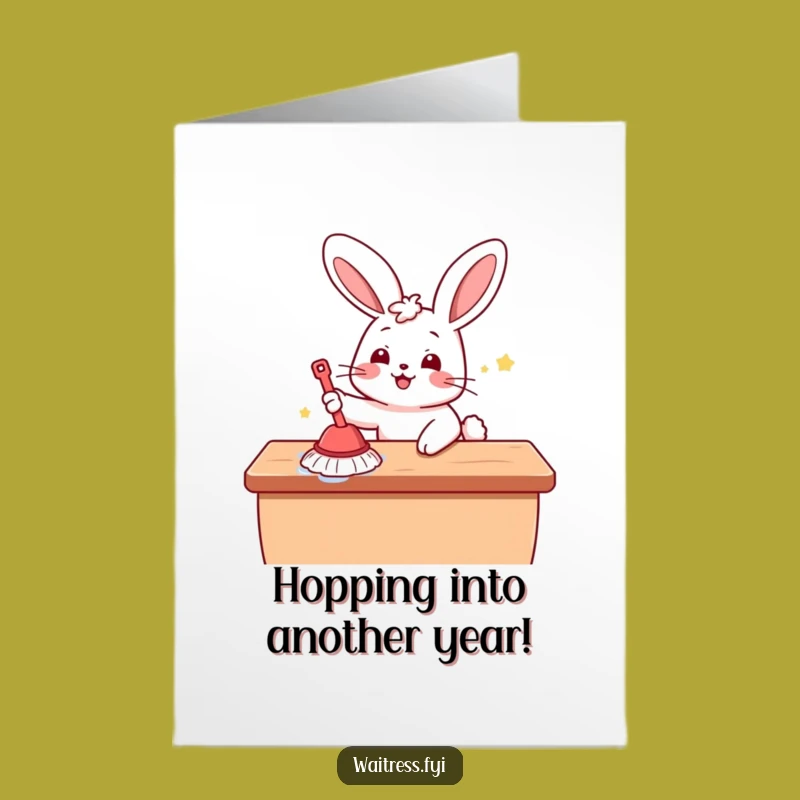 Free Printable Birthday Card: Funny Kawaii Bunny Cleaning Up Fun Surprise