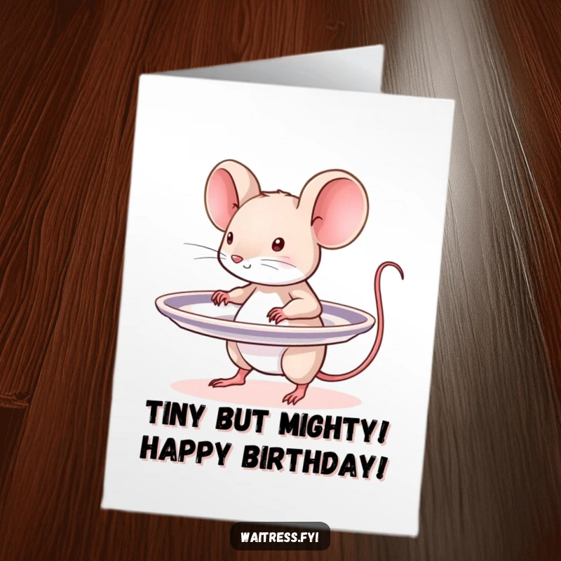 Funny Free Printable Birthday Card: A tiny mouse wobbling under a huge platter of birthday goodies.