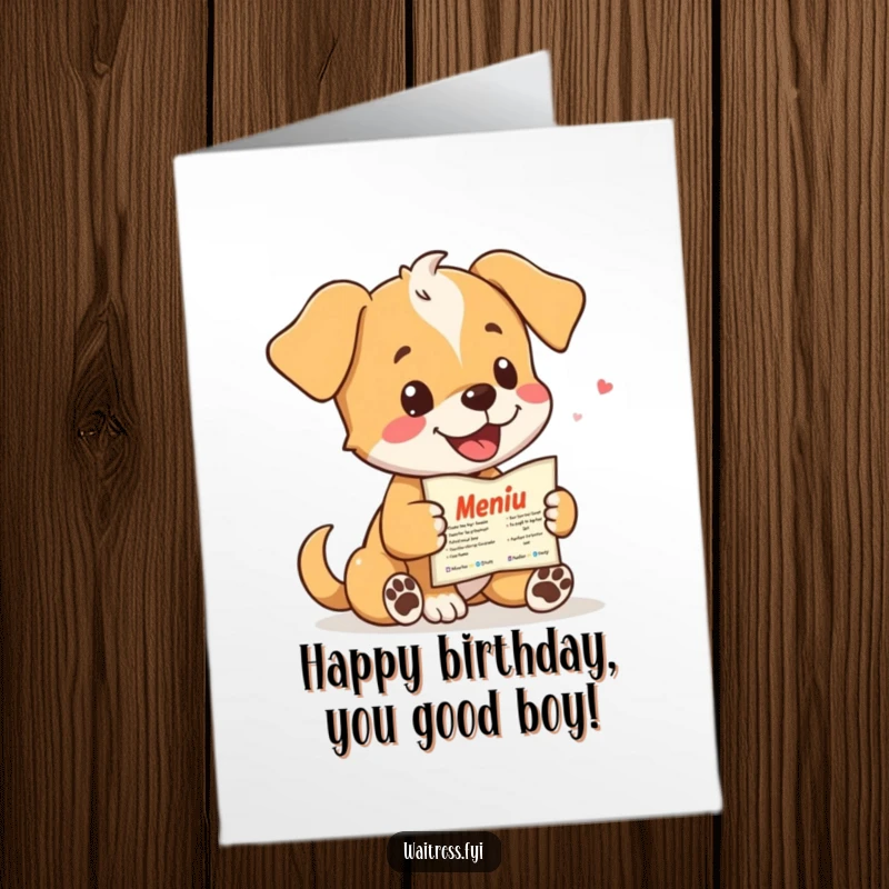 Funny Free Printable Birthday Card: A playful puppy wags its tail while offering a menu.