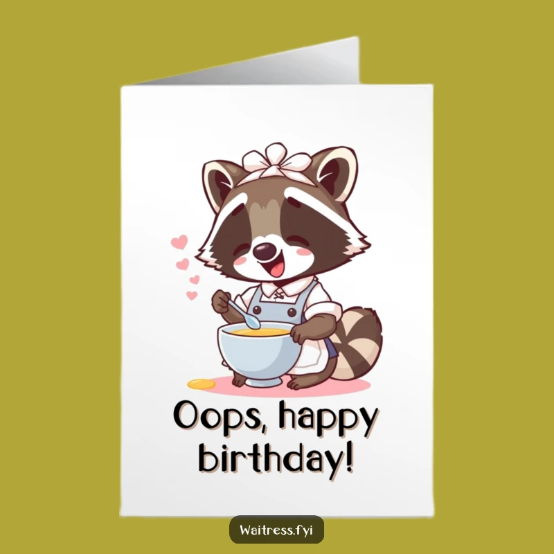 Free Printable Birthday Card: Giggling Raccoon Waitress Spilling Fun!