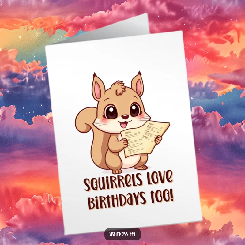 Funny Free Printable Birthday Card features a giggling squirrel with wide, expressive eyes holding up a menu, ready to take their order.