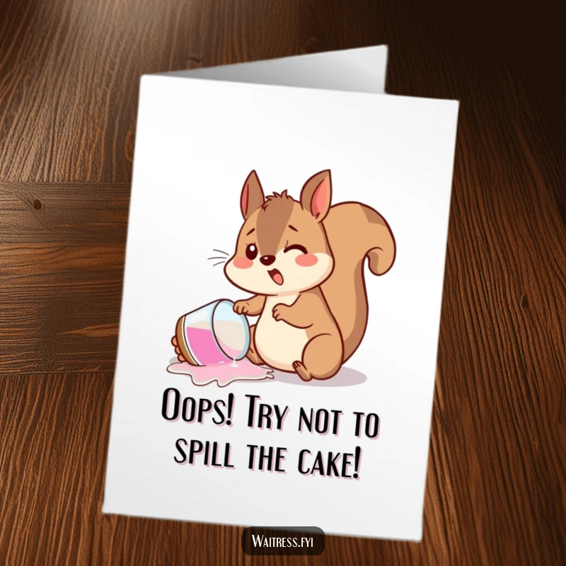Funny Free Printable Birthday Card: A startled squirrel looking shocked after spilling a drink, capturing a moment of playful mishap.